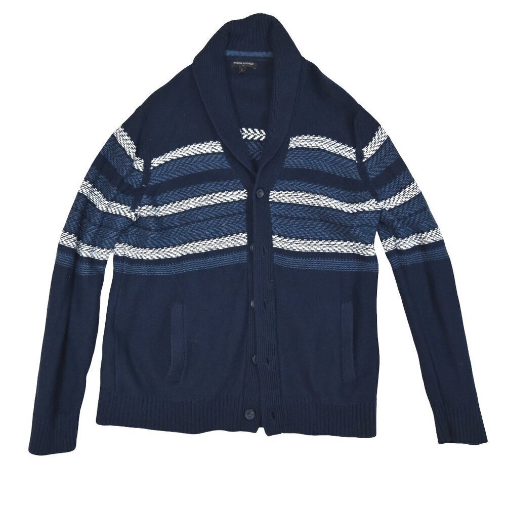 Banana Republic Men's Cardigan Heavier Knit Blue Striped Cowl Collar XL